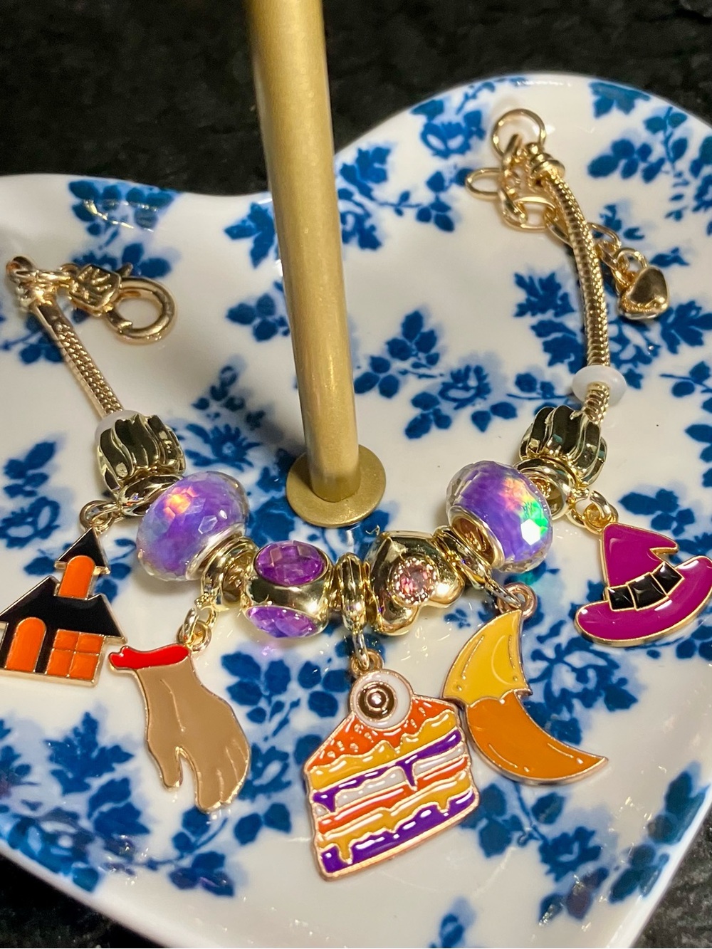 Gold-Tone Halloween Charm Bracelet with Purple Beads